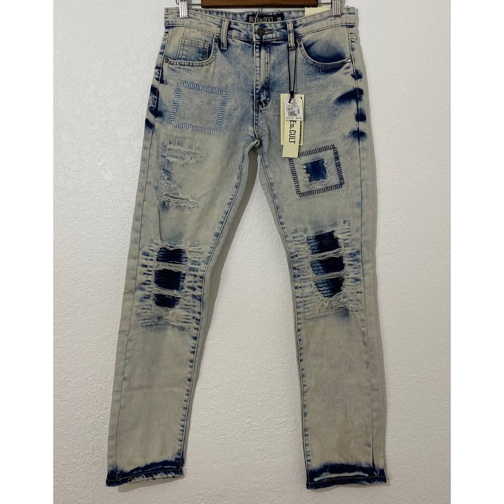 NWT Blue Cult Size 32X30 Men Light Blue Denim Distressed Pants Streetwear Casual